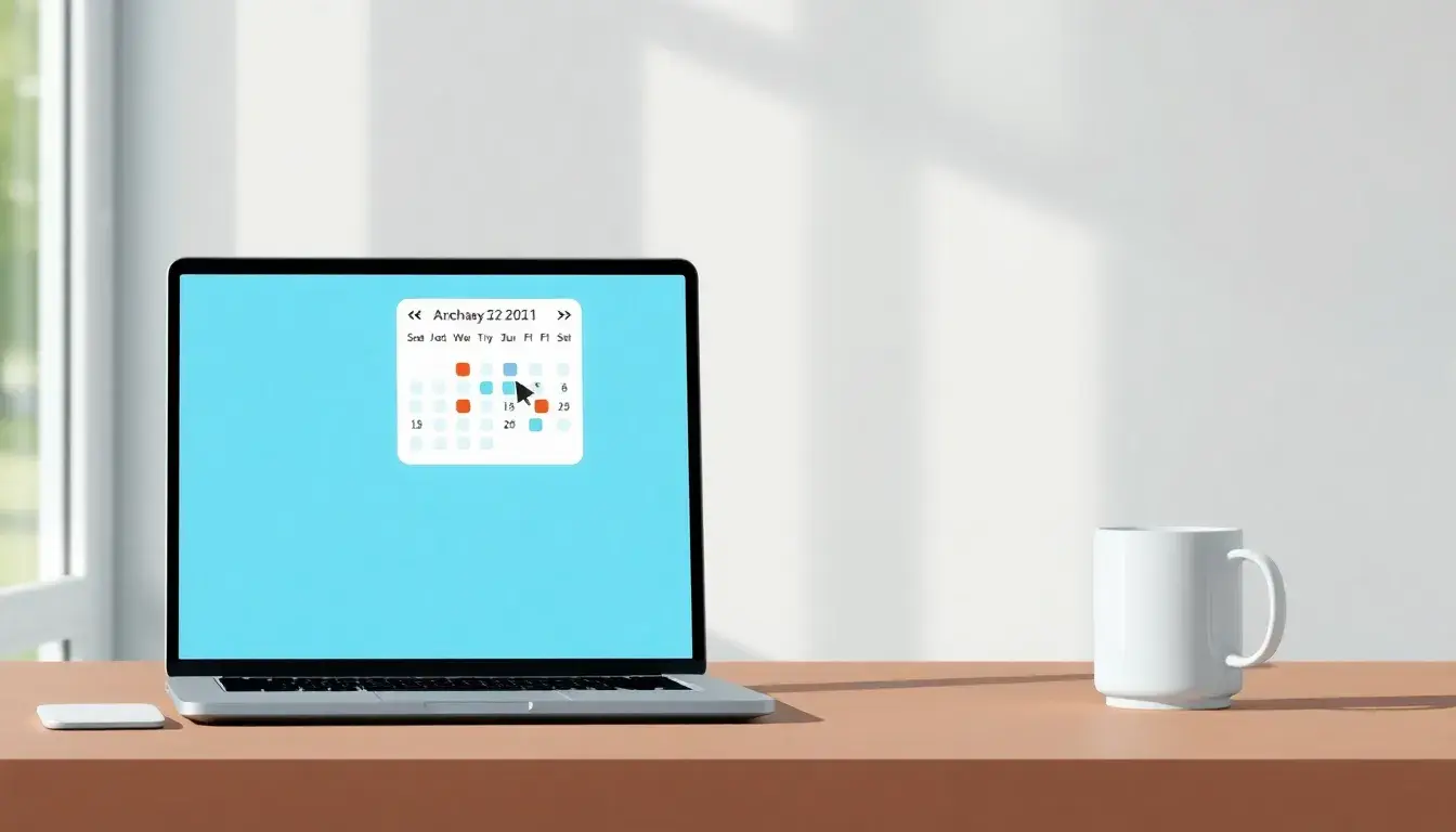 Laptop screen showing a calendar interface for calcola giorni tra due date on a clean desk.