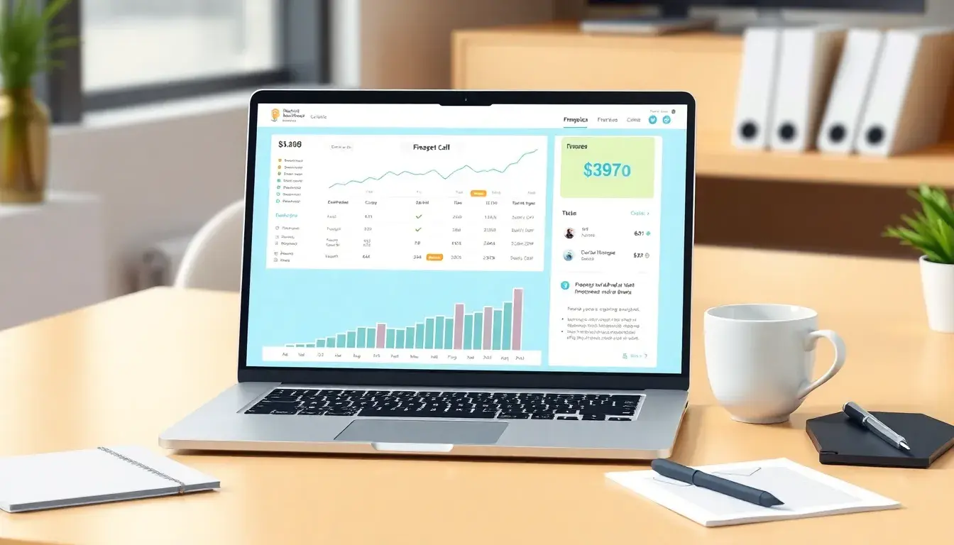 Laptop displaying financial salary calculation on a clean modern office desk with coffee.