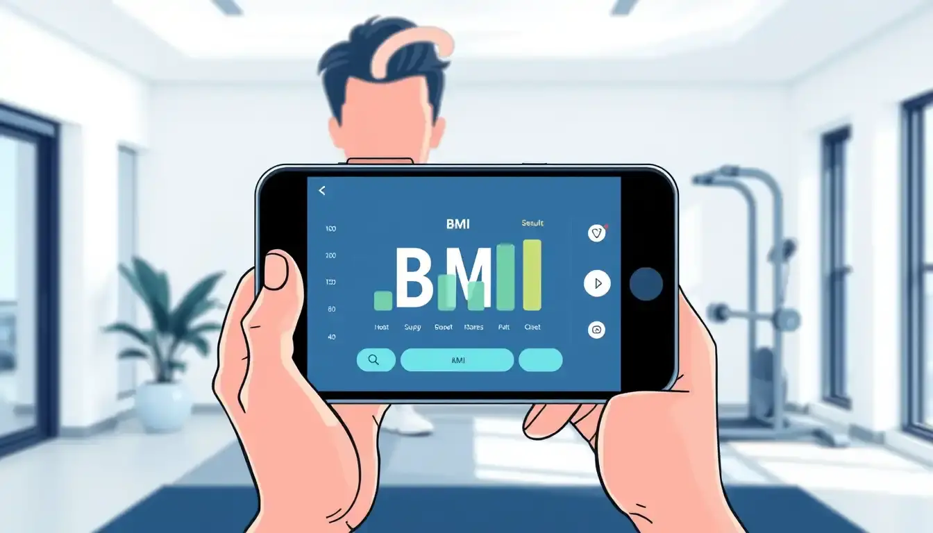 Smartphone che mostra un grafico di imc calcolo in una palestra luminosa.