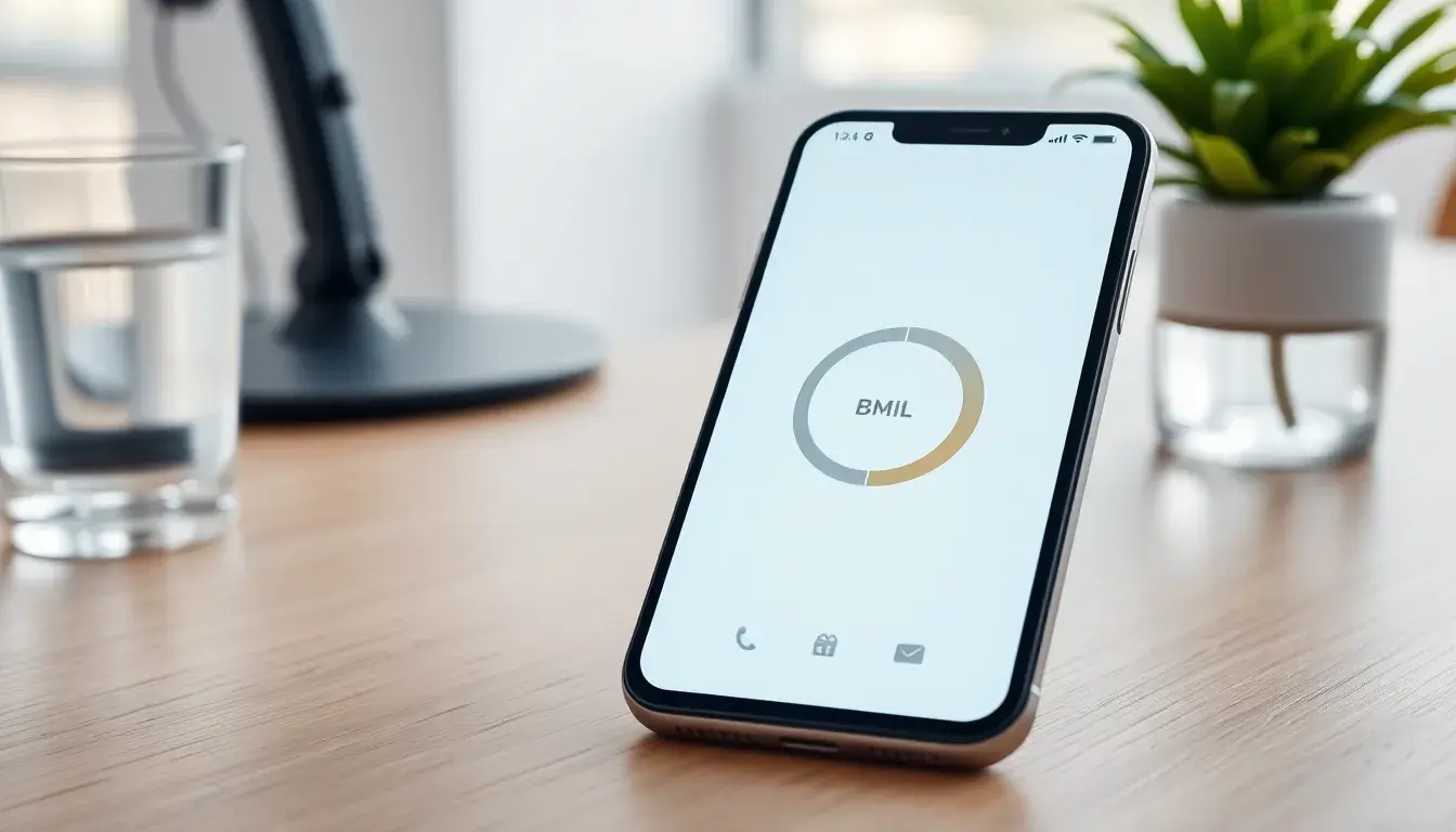 Uno smartphone mostra un calcolatore BMI moderno accanto a un bicchiere d'acqua e una pianta.
