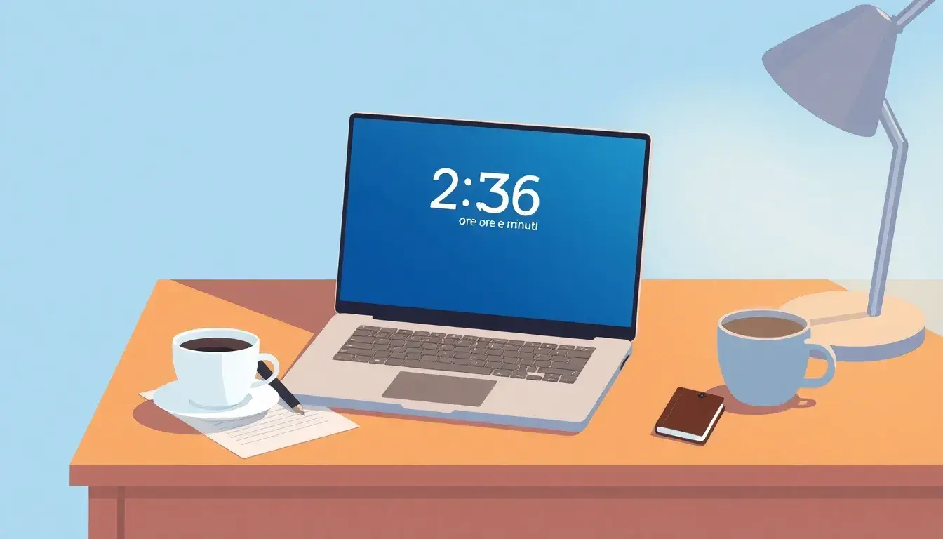 Laptop che mostra un'interfaccia di calcolatrice oraria digitale su una scrivania ordinata.