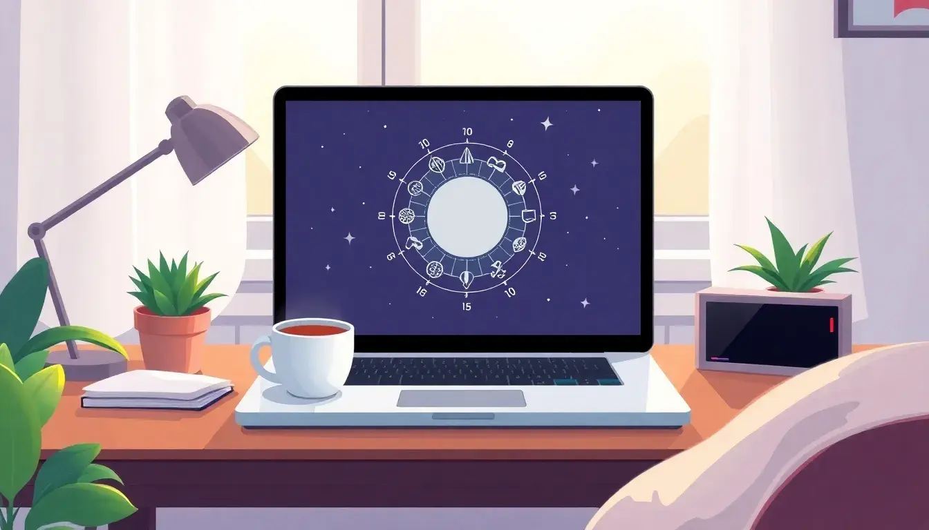 Schermo laptop con grafico astrologico per calcolo ascendente gratis in ufficio accogliente