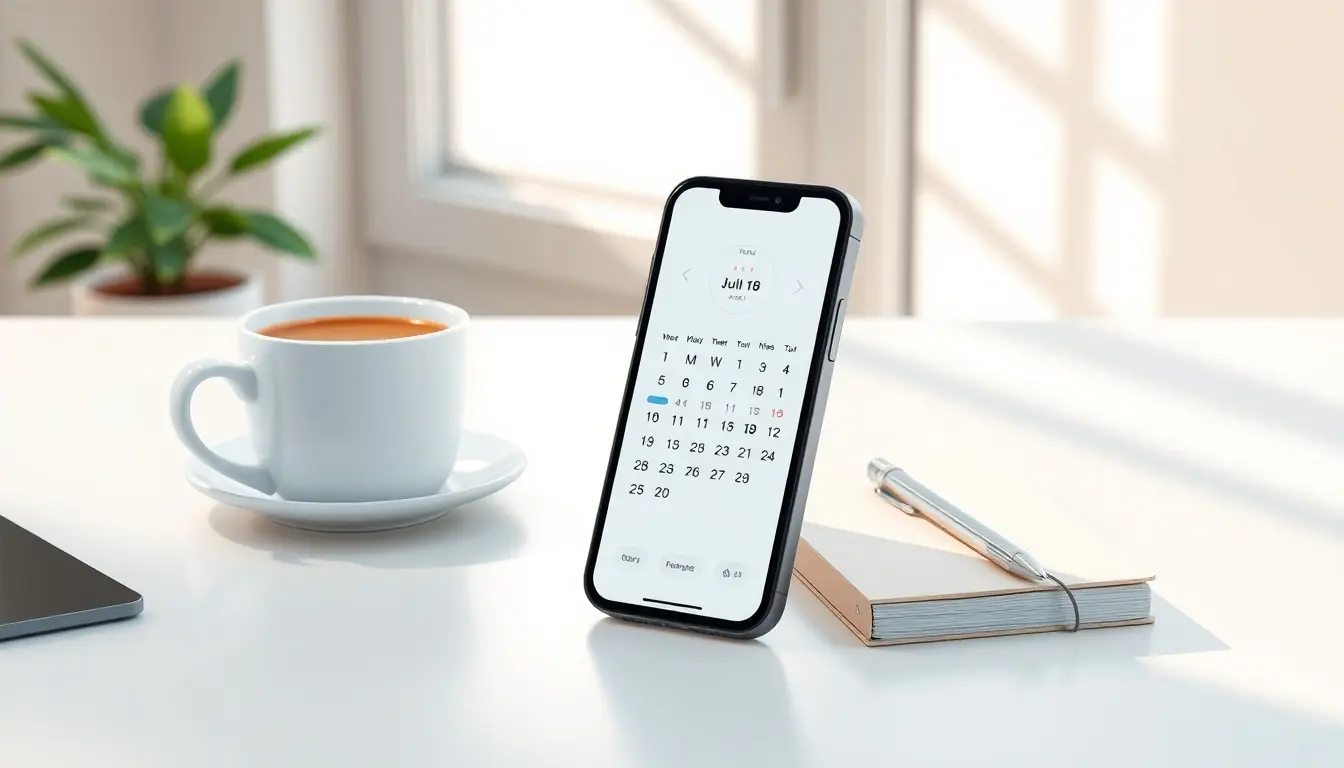 Smartphone che mostra un calendario digitale per il calcolo ciclo mestruale su una scrivania moderna.