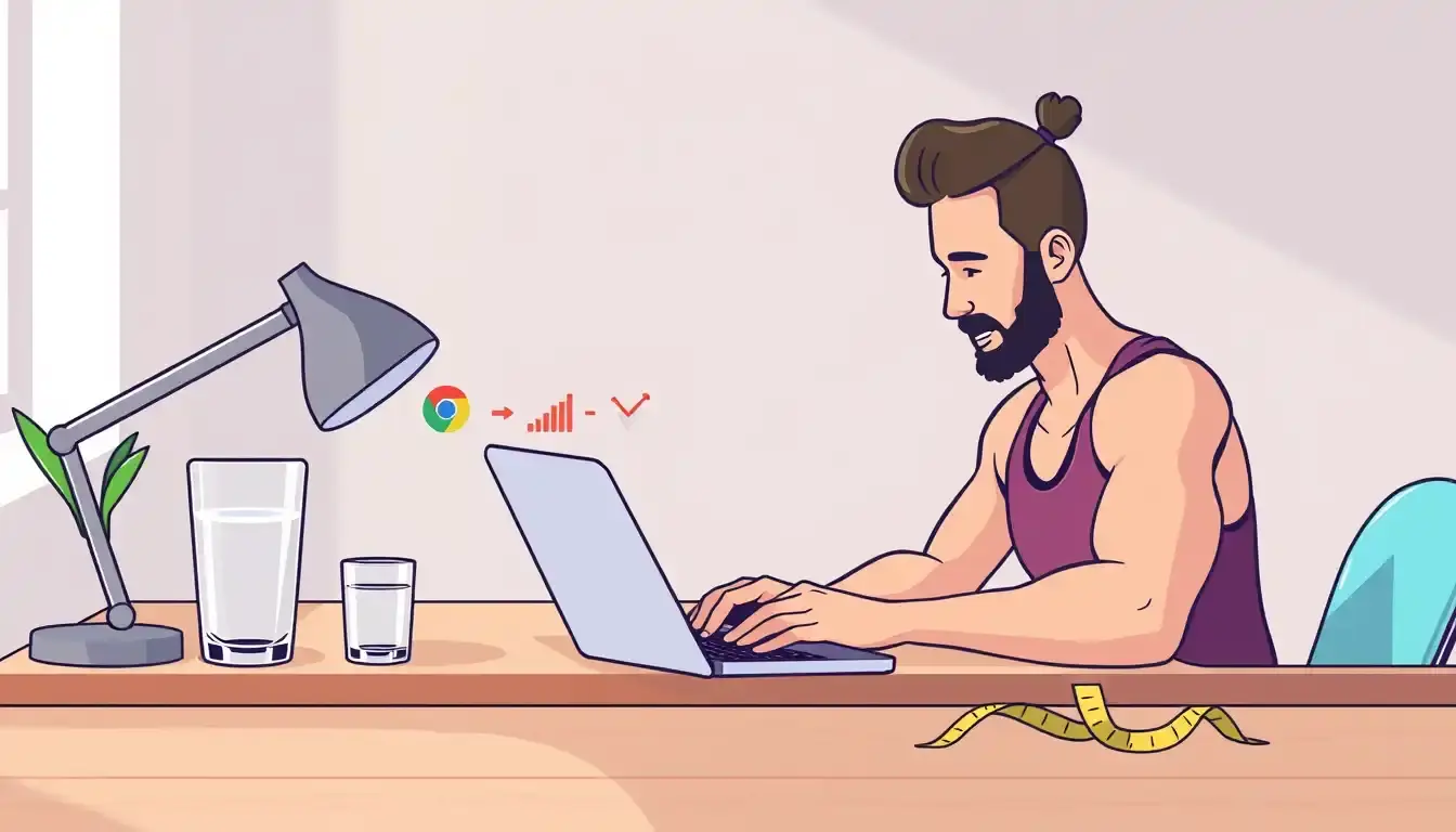 Persona che controlla il calcolo indice massa corporea su un laptop in un ambiente luminoso.