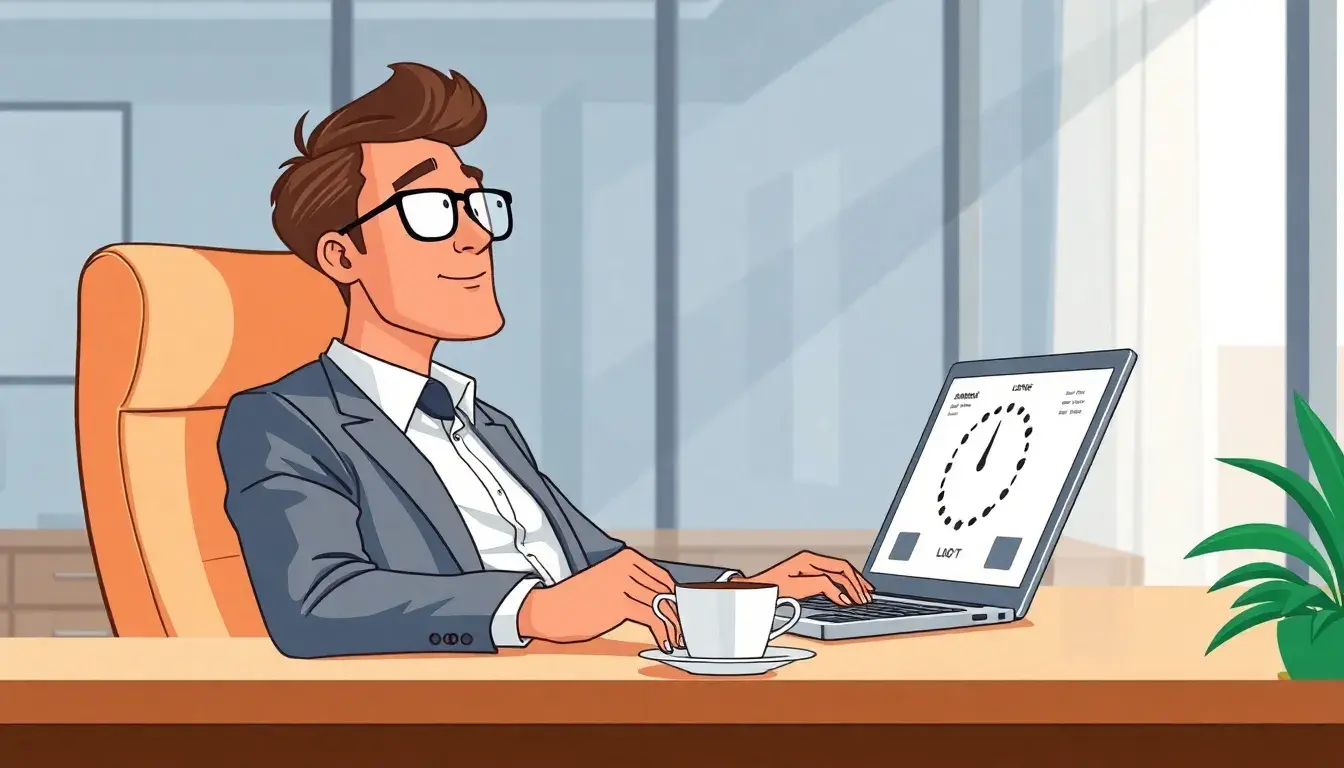 Professionista in ufficio che gestisce il calcolo ore lavorative su laptop moderno
