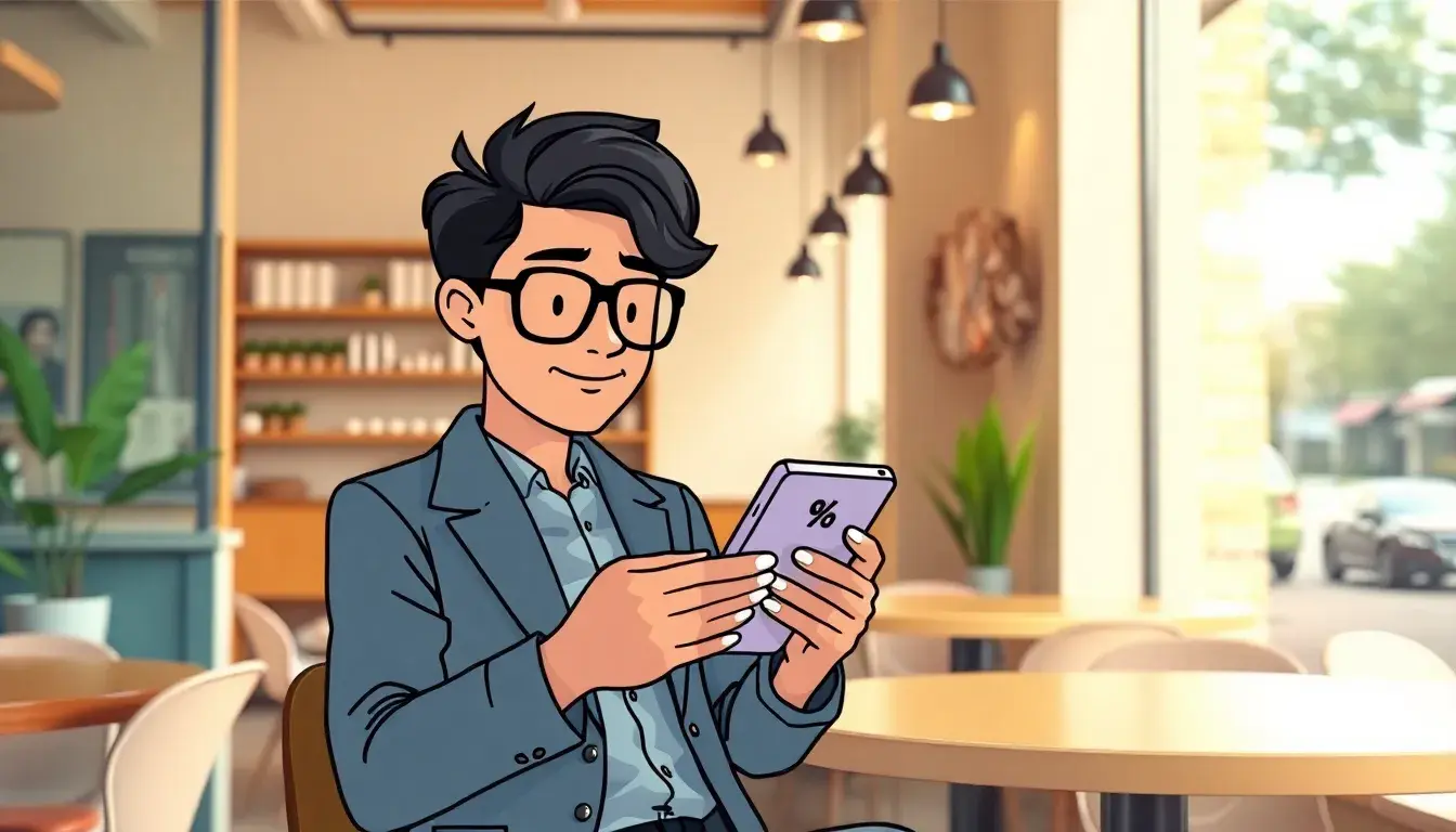 Persona che effettua il calcolo sconto su uno smartphone in un negozio moderno.