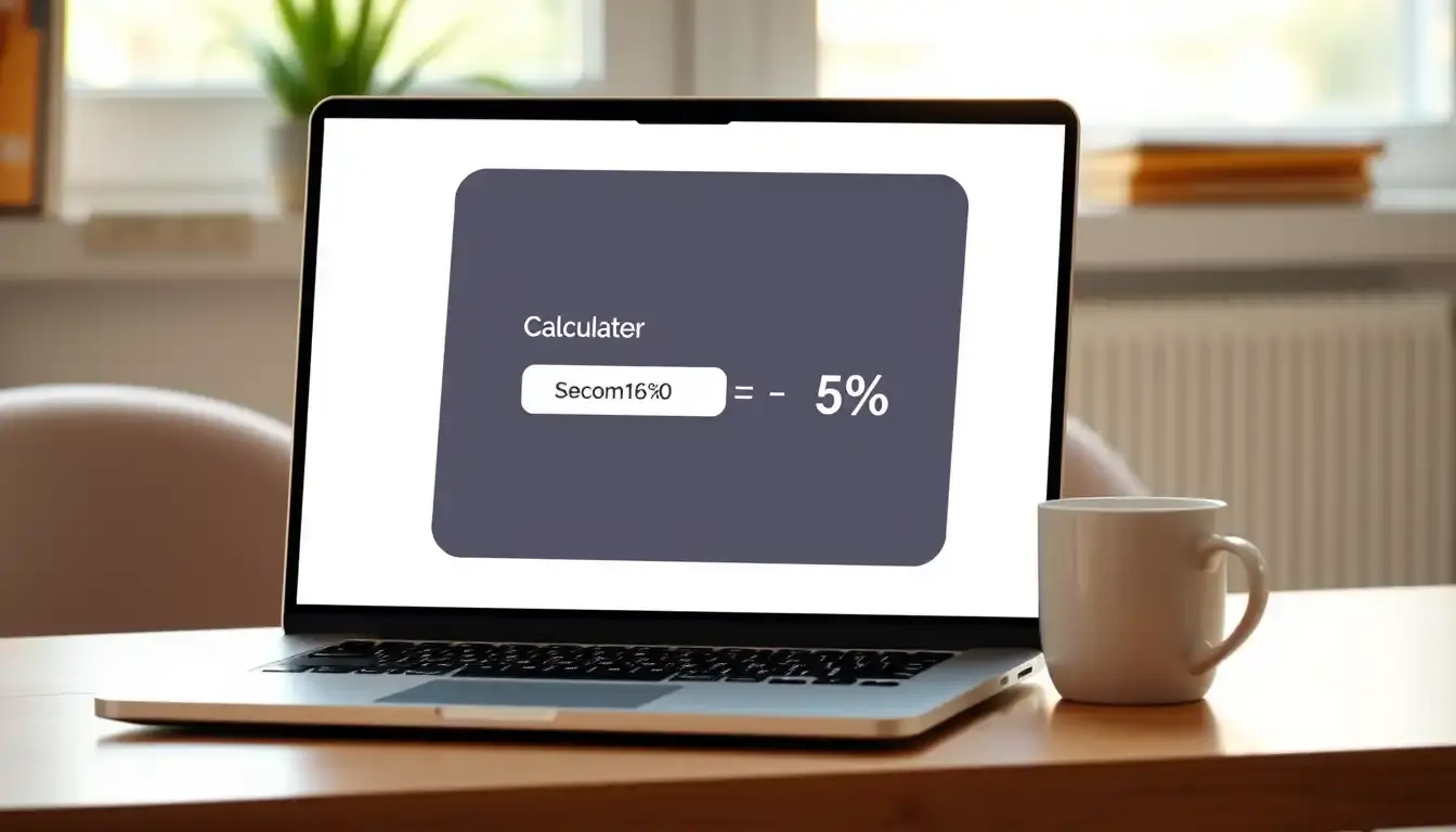 Schermo laptop con calcolatore percentuale pulito e caffè su scrivania moderna.