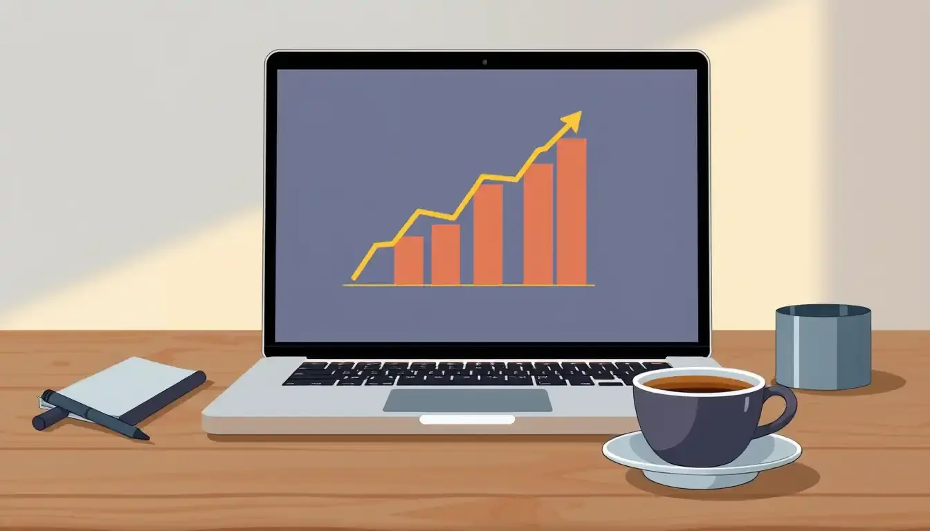 Grafico di crescita finanziaria su schermo laptop con calcolatore interesse composto