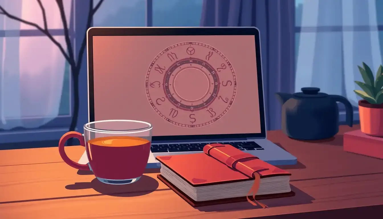Laptop che mostra grafici astrologici per il calcolo ascendente e luna su una scrivania accogliente.