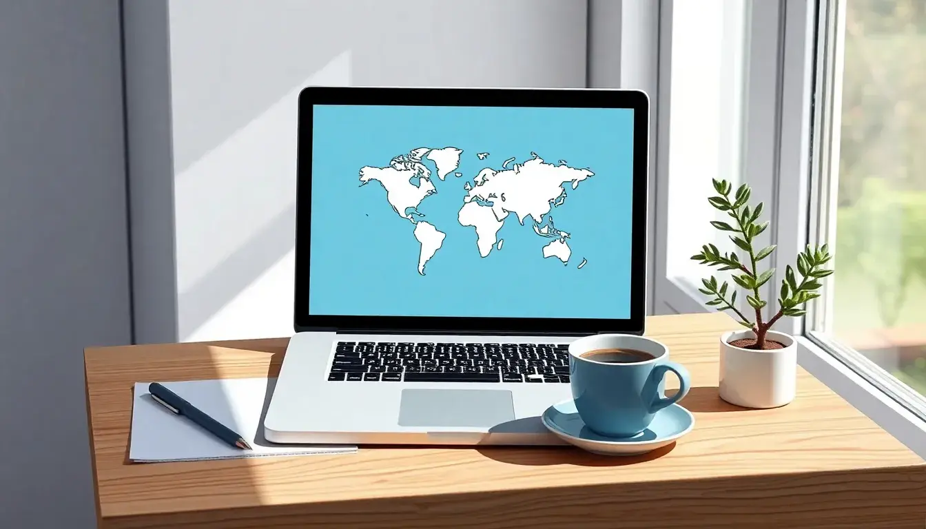 Schermo di laptop con mappa stellare per il calcolo ascendente preciso accanto a un caffè.