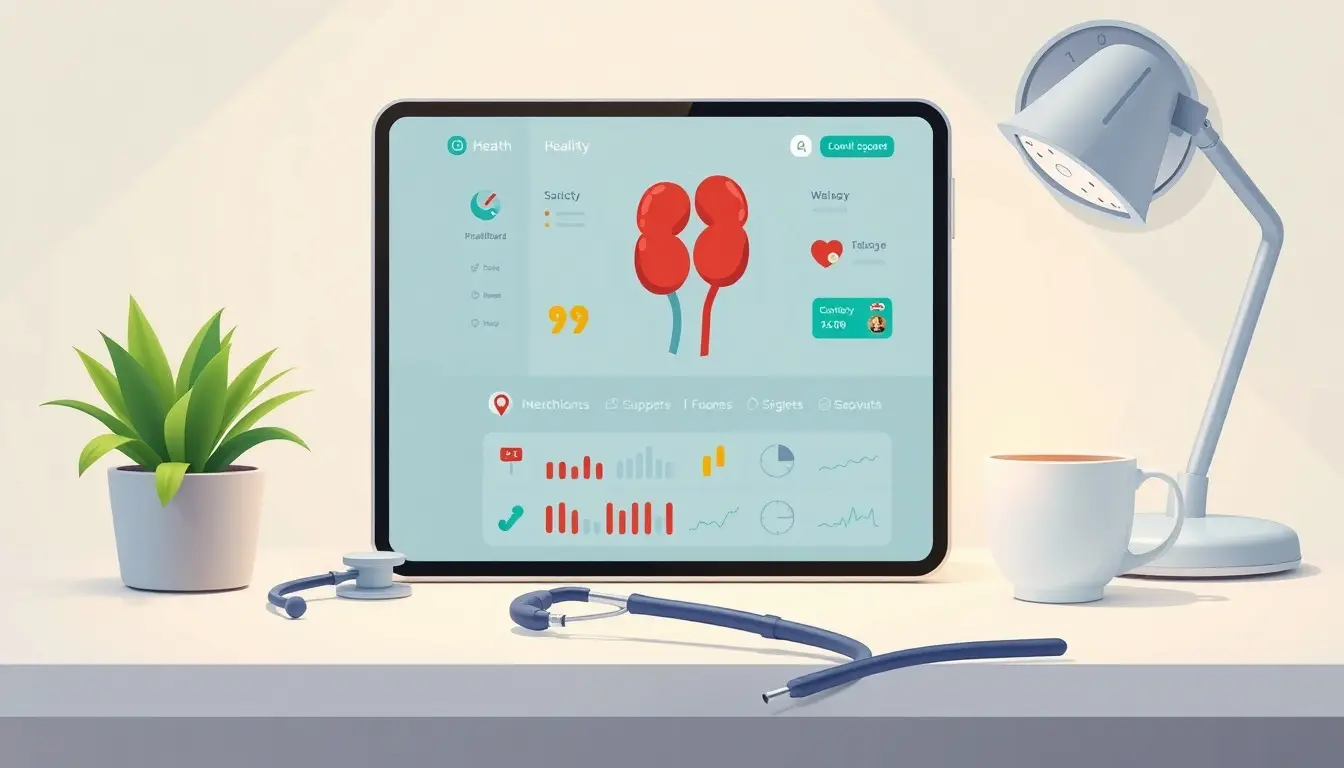 Tablet visualizza dashboard salute renale per il calcolo clearance creatinina su scrivania medica.