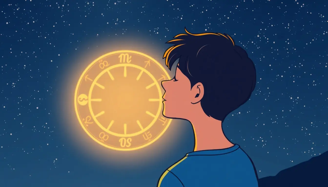Persona che osserva un cielo stellato con simboli zodiacali stilizzati