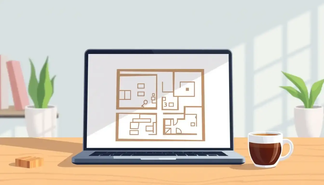 Laptop display showing a home floor plan for calcolo metri quadri on a clean desk.