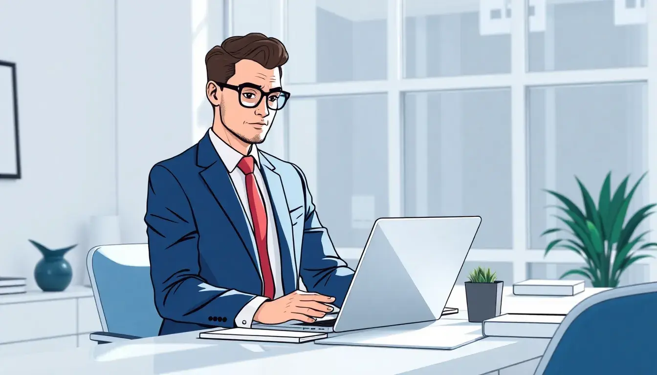 Professionista in ufficio che esegue il calcolo stipendio netto 2025 su laptop.