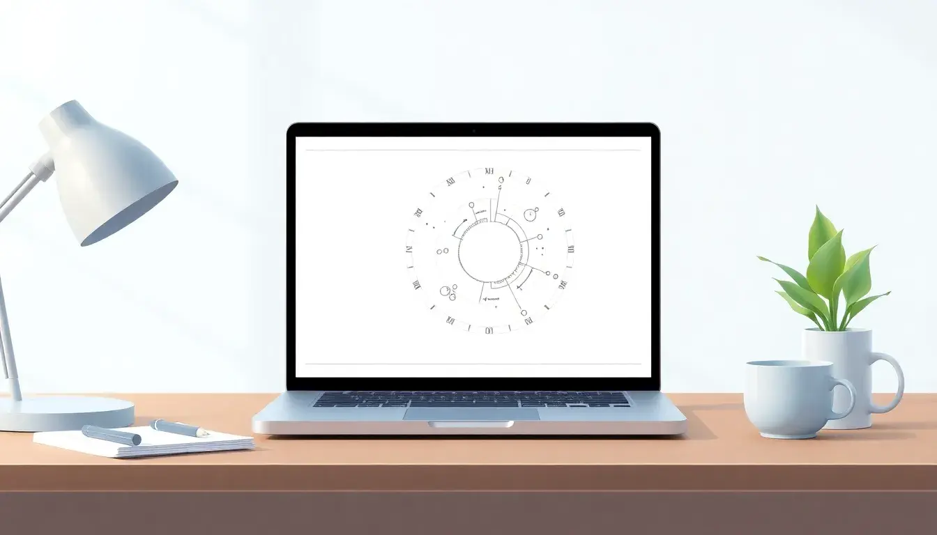 Laptop su una scrivania che mostra un grafico astronomico per il calcolo dell'ascendente
