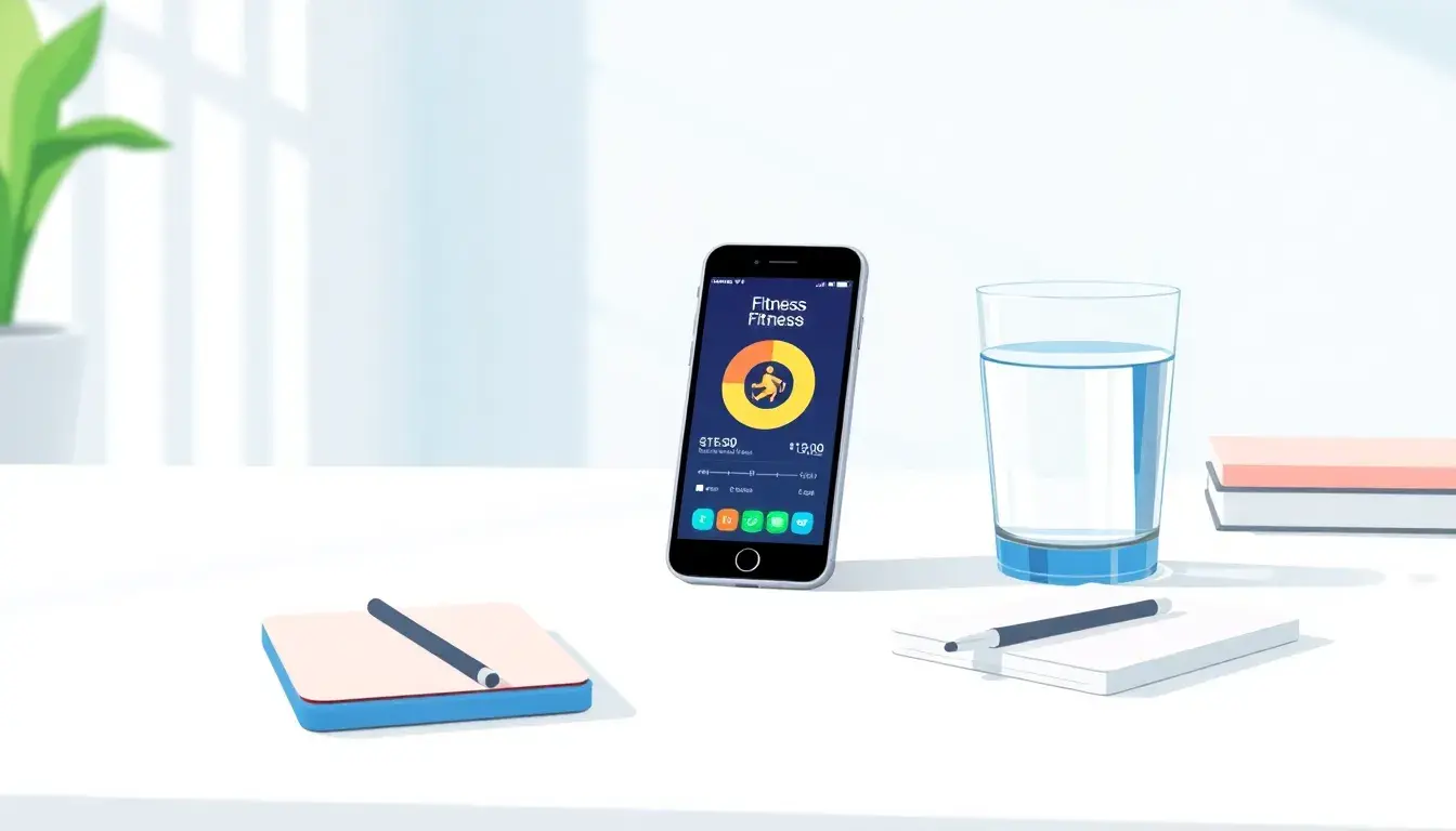 Smartphone con app fitness su scrivania moderna per fabbisogno calorico calcolo