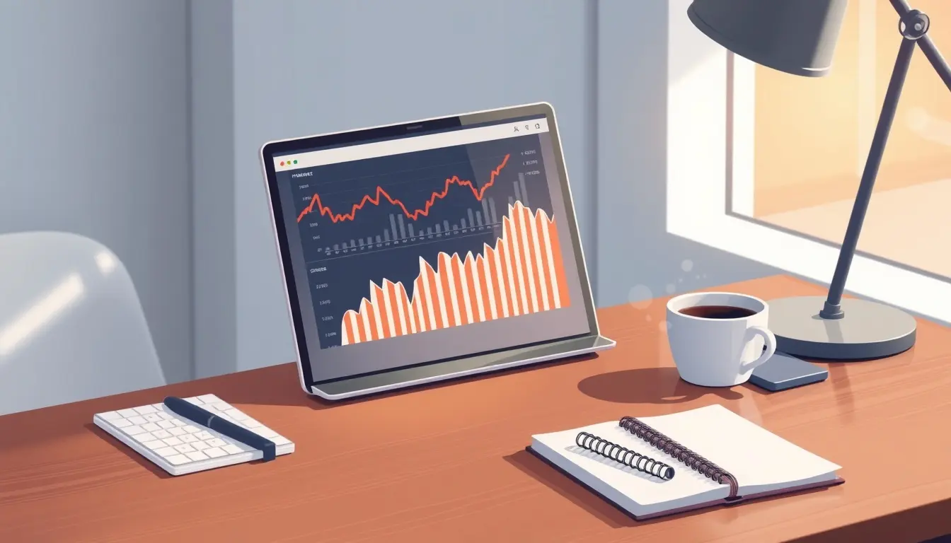 Workspace with laptop displaying financial data for interessi moratori calcolo analysis.