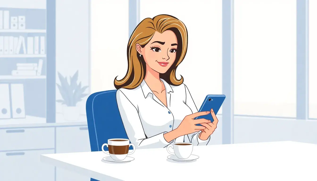 Donna che consulta il beta hcg calcolo settimane sullo smartphone in ufficio moderno.