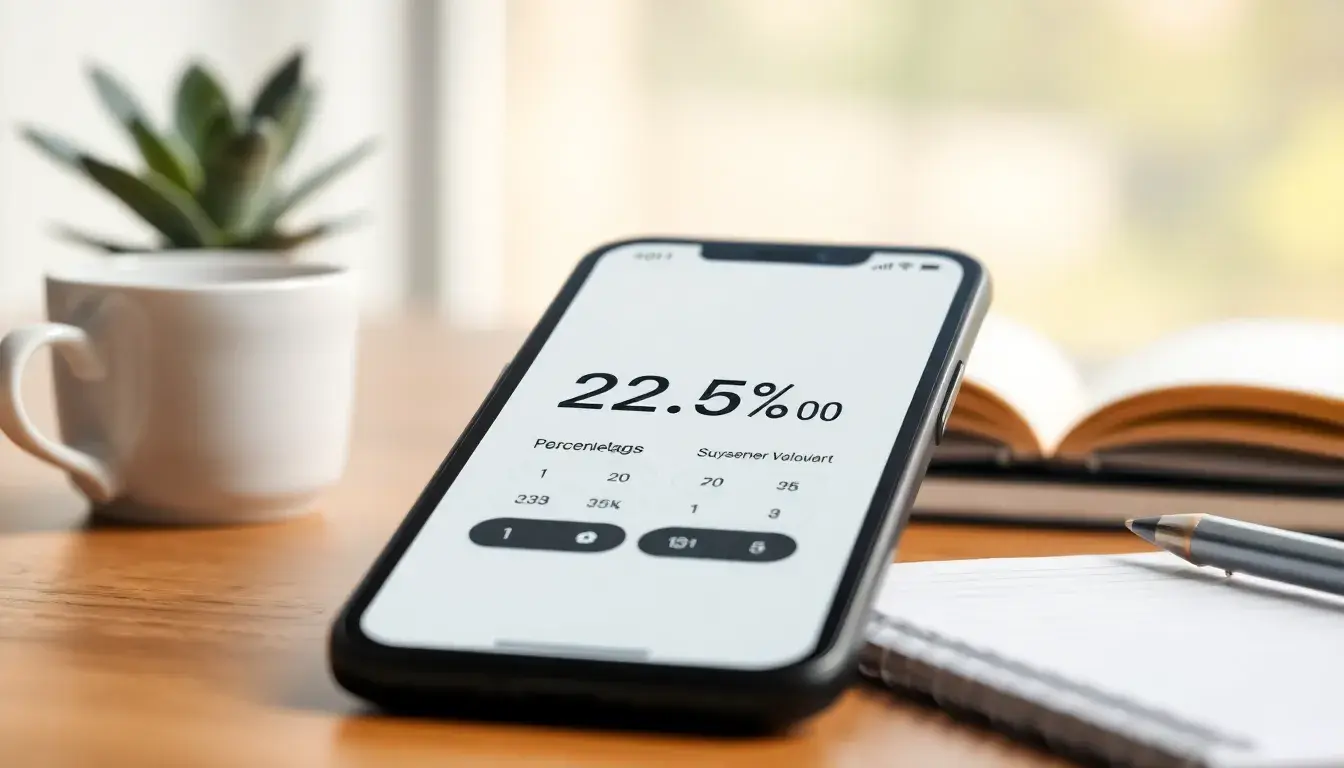 Interfaccia moderna su smartphone per calcola percentuale online su scrivania professionale.