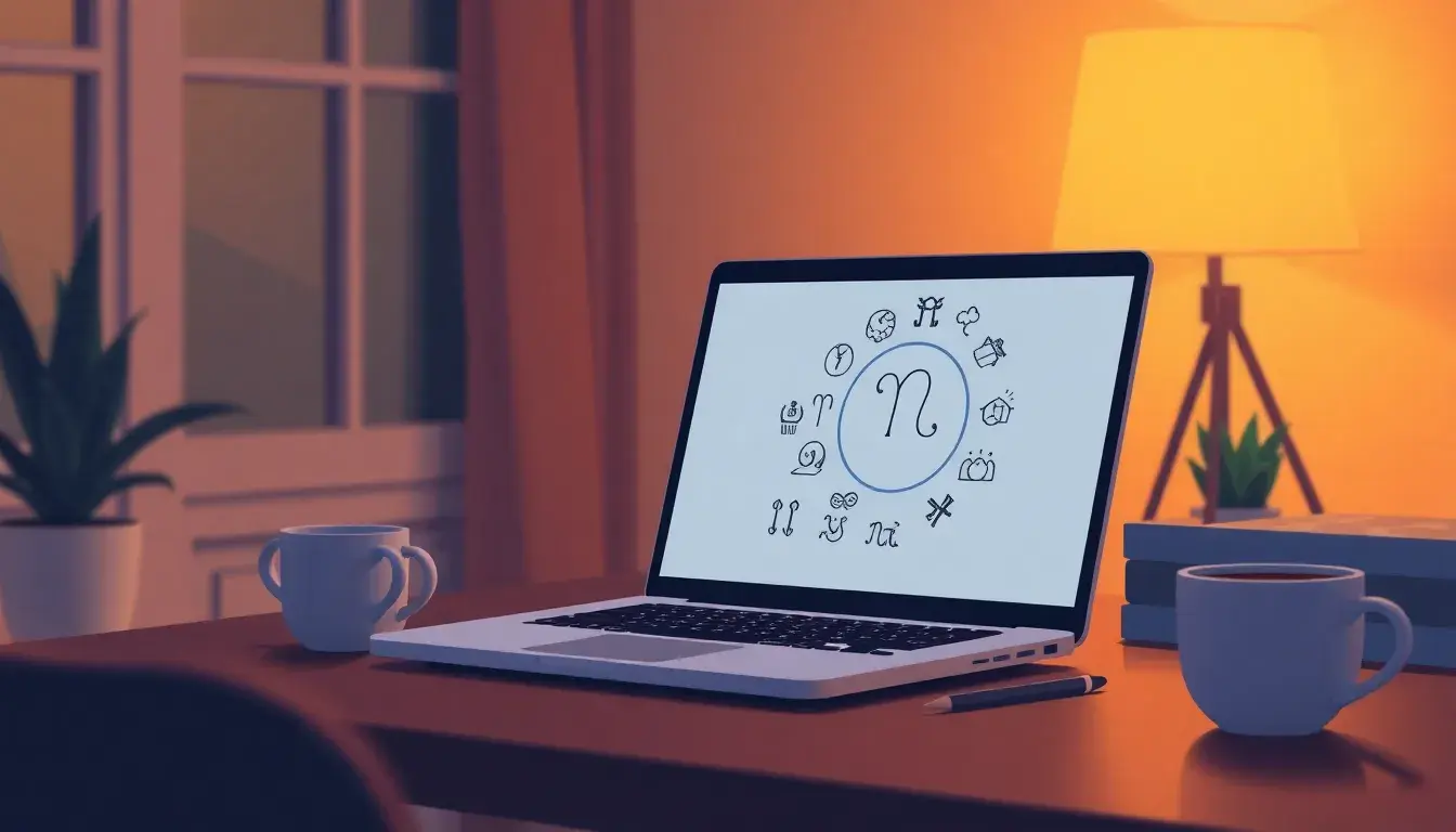 Laptop screen displaying a digital astrology interface for calcolo ascendente di Paolo Fox in a cozy setting.